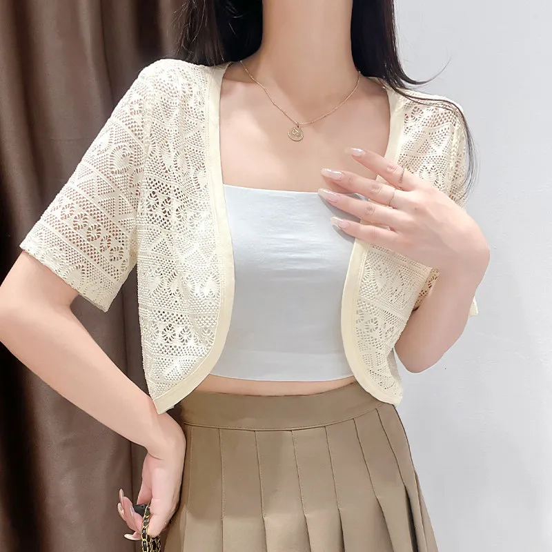 Lace Hollow out Short Sleeve Women's Summer Thin Matching Strap Skirt Outerwear Cardigan Lightweight Breathable Sunscreen