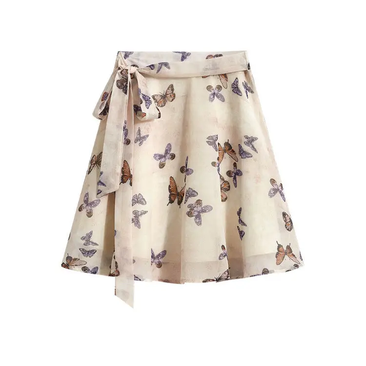 Floral Print A-Line Skirt High Waist Sweet Fairy Dress Youthful Chiffon Short Skirt Women
