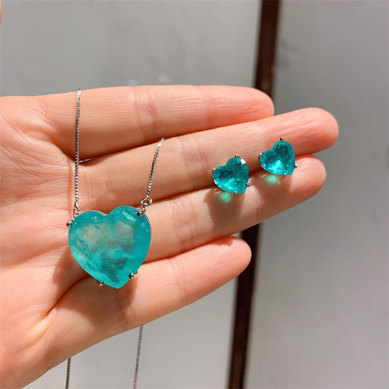 QXTC Charms Wedding Jewelry Sets Vintage Blue Paraiba Tourmaline Heart Ocean Star Pendant Necklace Earrings Statement