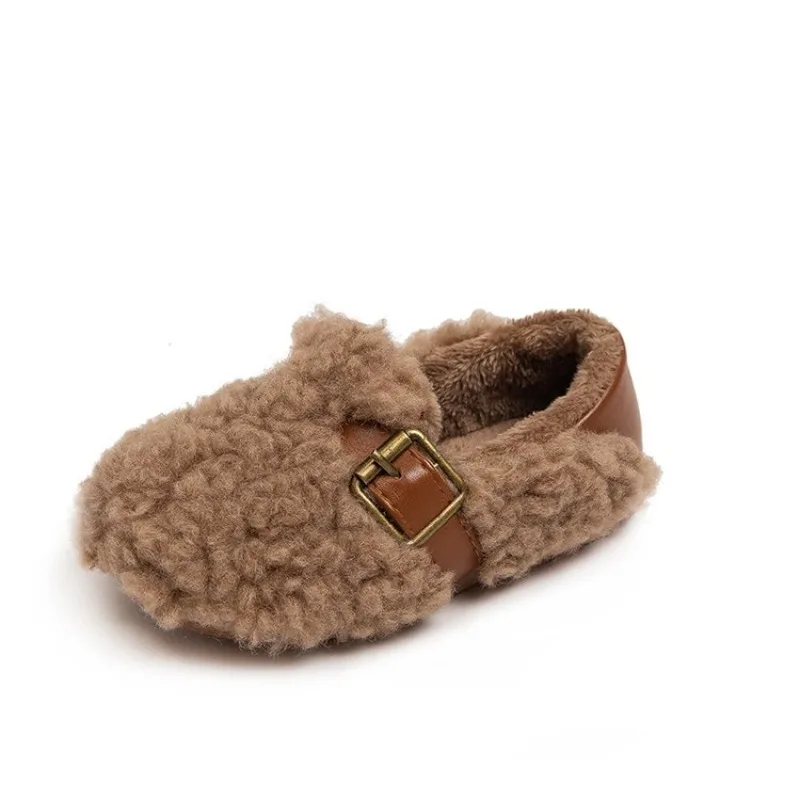 Furry shoes for Kids Girls New Brand Designer Metal Buckle Children Cotton-Padded 2026 New Winter Shoes Kids