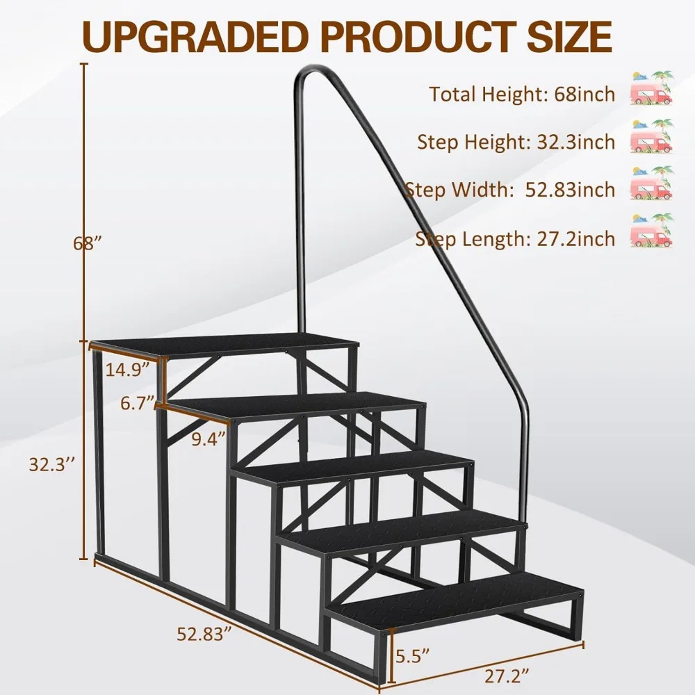 Gradini per camper con corrimano, scale per camper a 5 gradini Capacità di carico di 660 libbre, scaletta con pannello antiscivolo, scale domestiche mobili per i viaggi