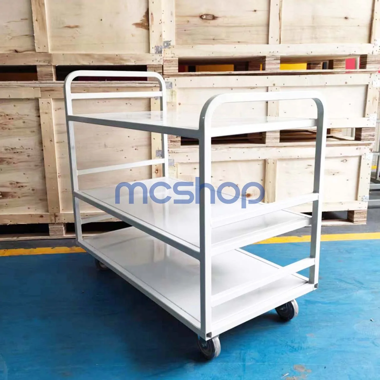 Picture 6: 3 Layer Heavy D-uty Steel Four-Wheel Platform Hand Push Cart Warehouse Trolley with Hand-Powered Function OEM Customizable