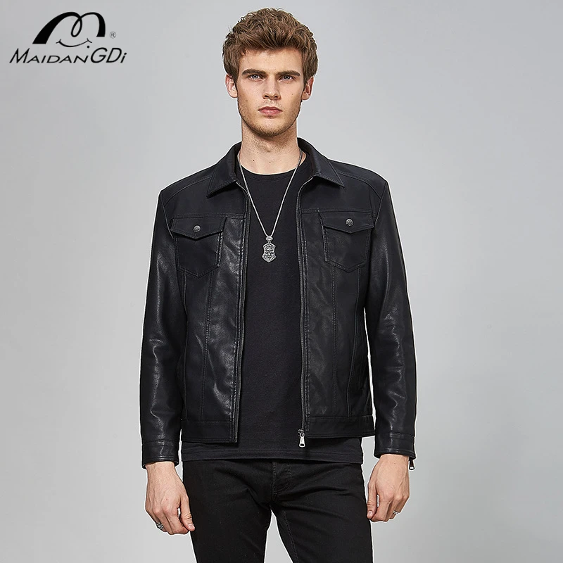 MAIDANGDI Men's casual and fashionable leather jacket retro slim fitrugged and handsome lapel motorcycle clothing top