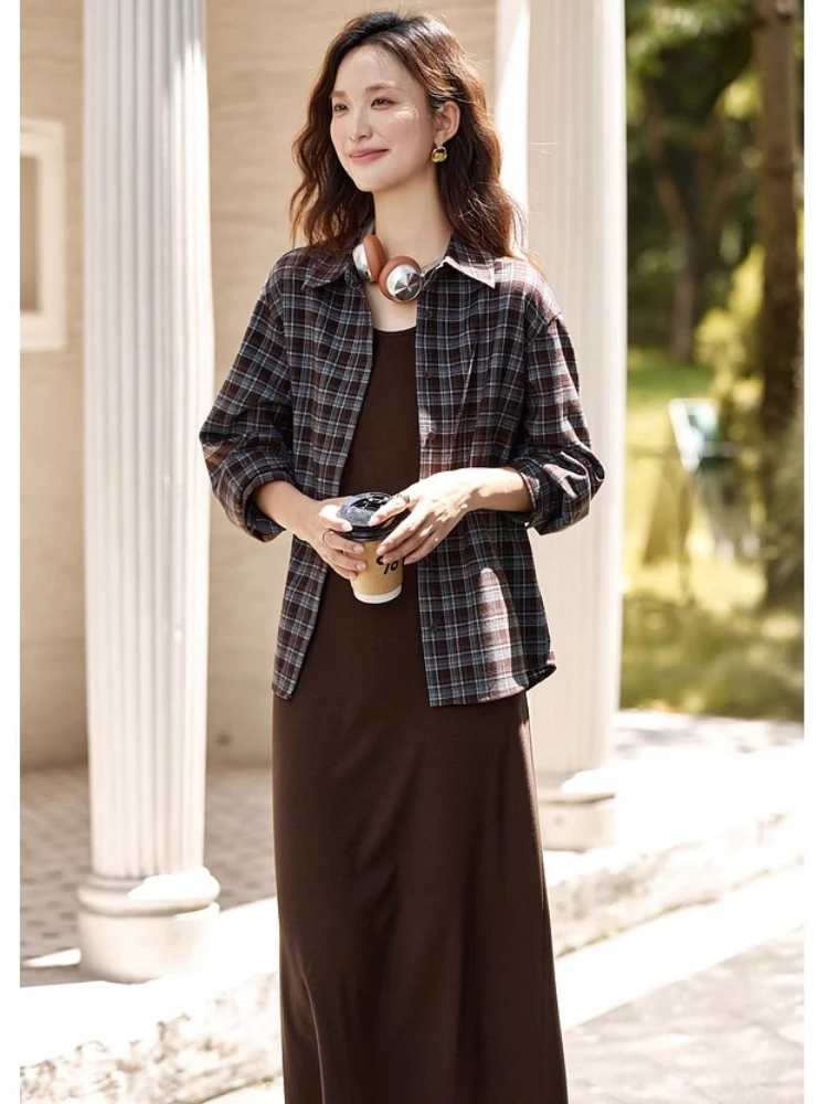 VIMLY femmes deux pièces robe décontracté jarretelle marron robe longue Plaid manches longues col Polo chemises robe ensembles 2025 automne A2890