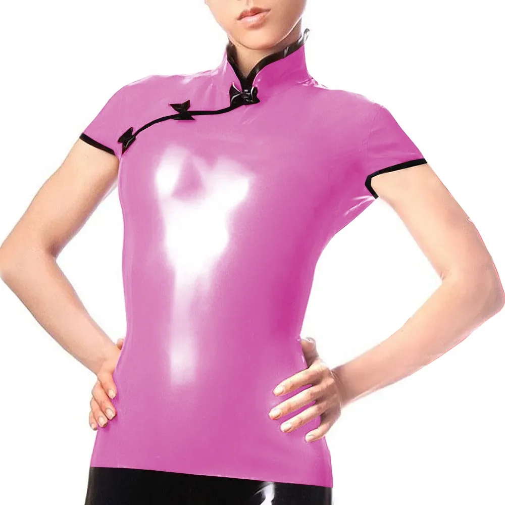 

Винтажная рубашка с воротником в китайском стиле, глянцевая кожаная тонкая футболка из ПВХ с короткими рукавами, женские топы с воротником-стойкой, женская шикарная блузка