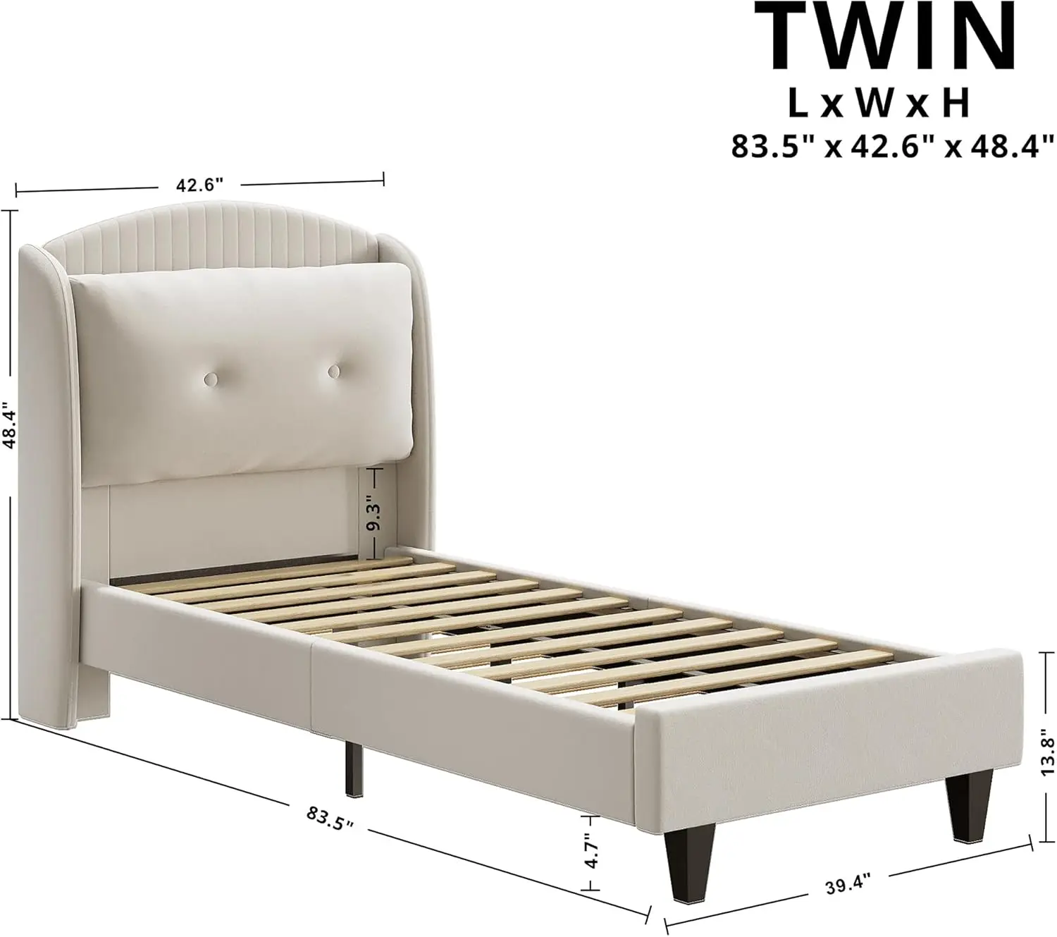 Velvet Upholstered Twin Bed with Fabric Headboard Modern Wingback Bed Sofa-Style Cushions, No Box Spring Needed, Easy to Assembl