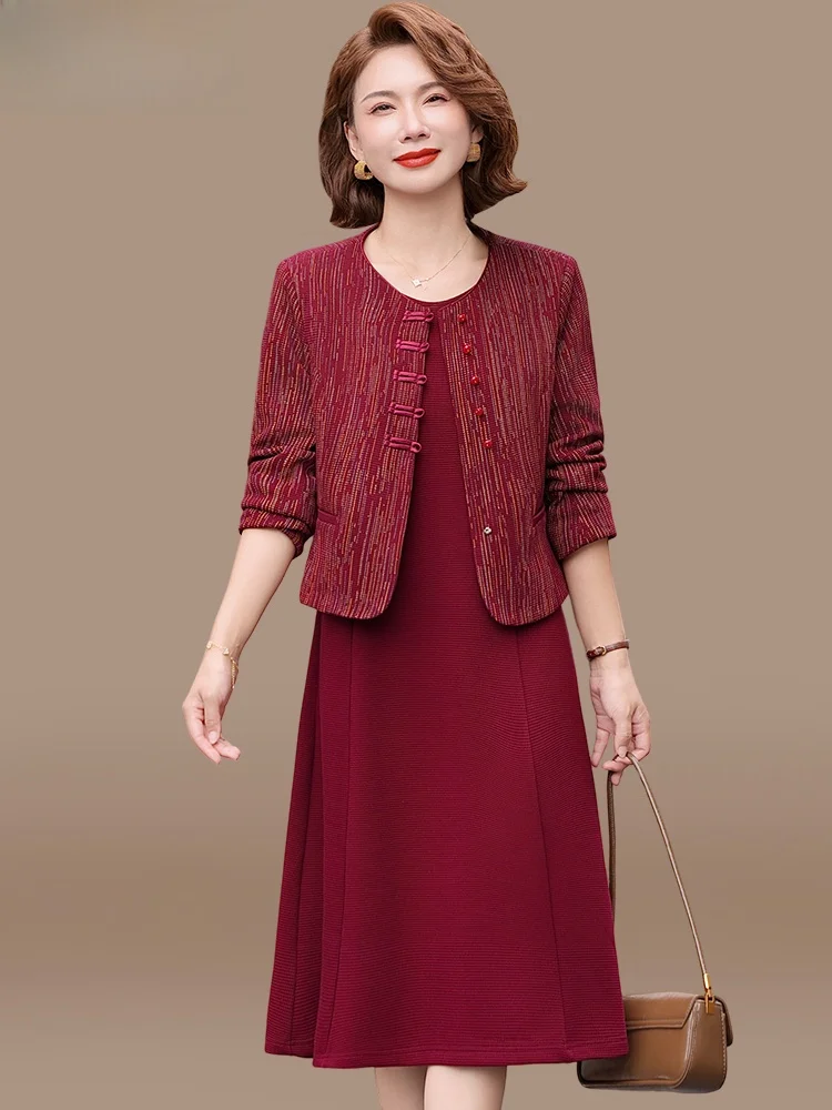 

Wedding Dr Set Mother Two-Piece Suit Faionable Polyester Fiber Stand Sve round Ne Casual Wear for Middle-Aged Women