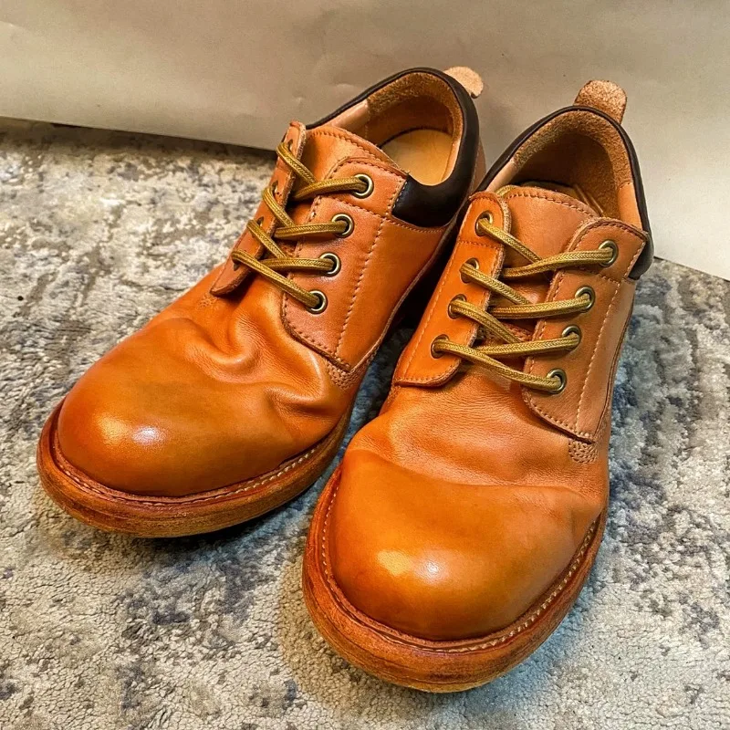 

Vintage Washed Genuine Leather Low-Top Derby Handcrafted Shoes Men's High-End Thick Sole Formal Work Leather Shoes Male