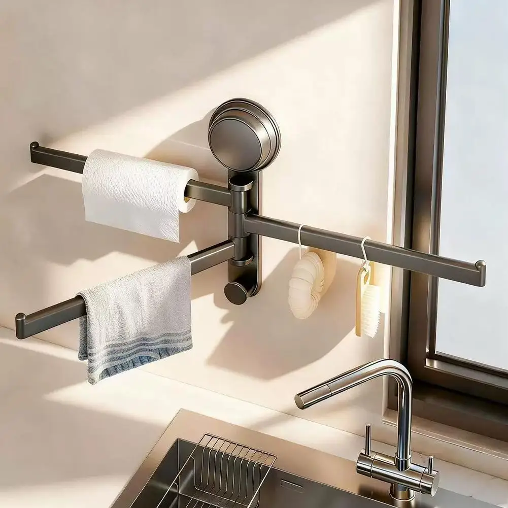 Suction Cup Swivel Towel Rack,180° Rotating Multi-Bar Drying Rack,No-Drill Wall Mounted Holder for Kitchen Bathroom
