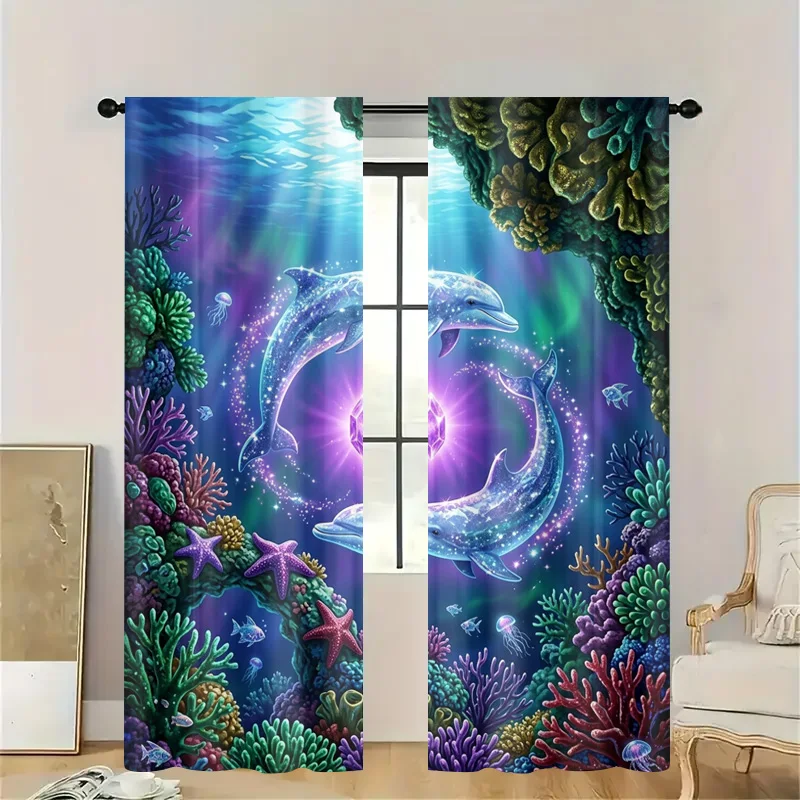 Decorative Underwater Dolphin Coral Reef Curtain Semi-Sheer Window Panel Tropical Marine Ocean Shower Curtain Home Decor Filter