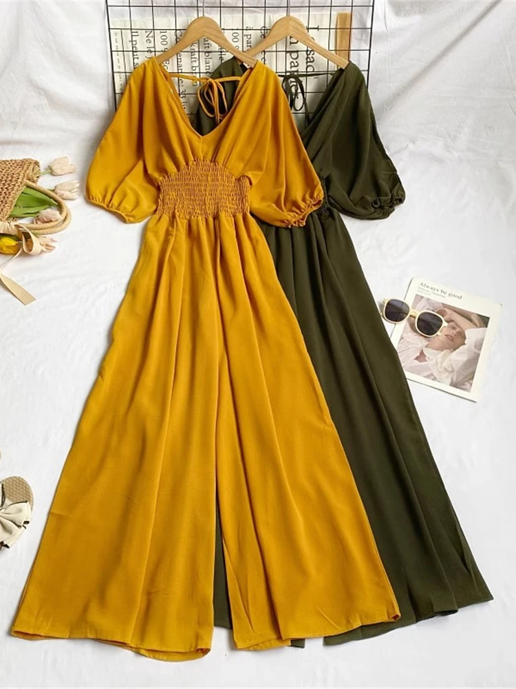 Spring Summer Women Solid Color Jumpsuits Blue/Black/Red V-Neck Puff Short Sleeve Wide Leg Romper Female Elegant Casual Rompers