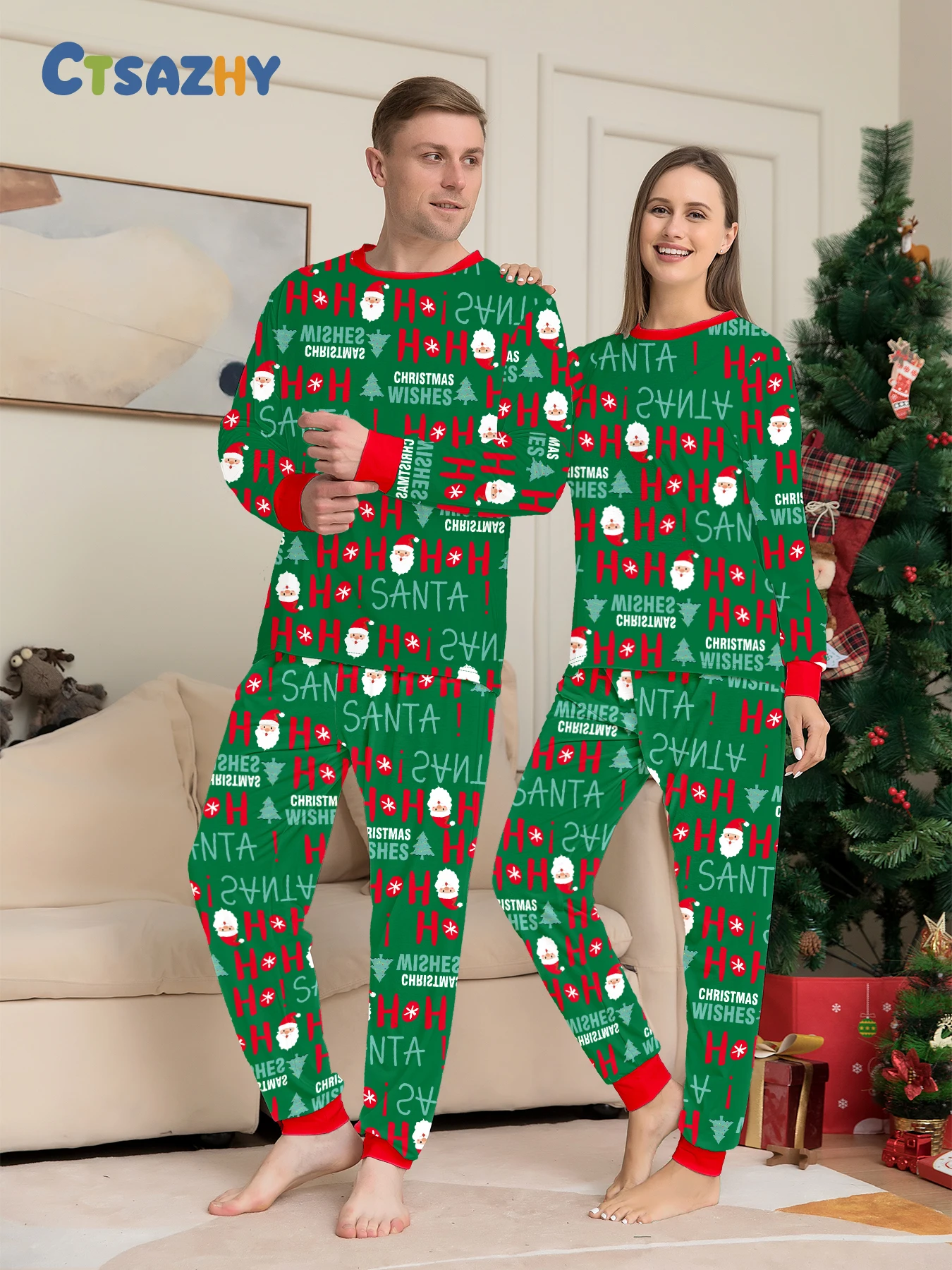 

Christmas Couple Pajamas Set Santa & 'Christmas Wishes' Print Long Sleeve Sleepwear