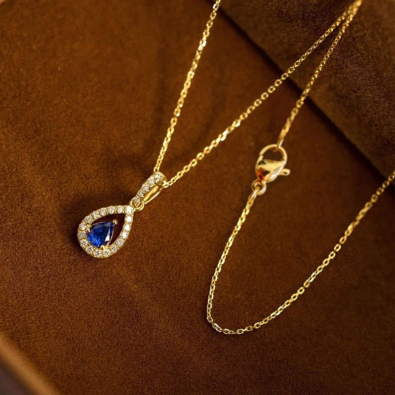 Huitan Goudkleurige Waterdrop Hanger met Blauwe Zirconia Ketting voor Vrouwen Temperament Accessoires Bruiloft Trendy Sieraden