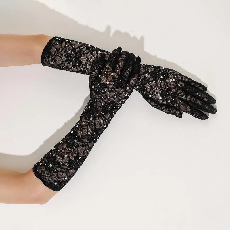 Lace Gloves Fashion Breathable Thin Gloves Black Simple Sunscreen Flash Drill Gloves Riding Driving Printing Gloves C026