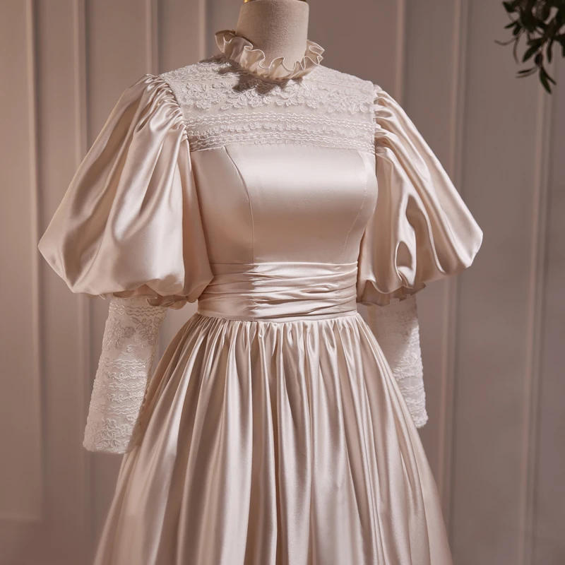 AnXin SH-Robe de soirée à volants en dentelle, col rond, manches longues bouffantes, petite robe blanche personnalisée, satin champagne, fleur princesse