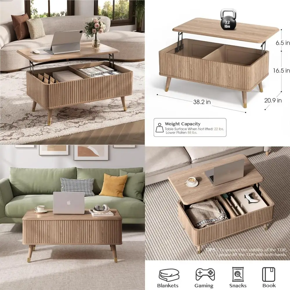 Mesa de centro elevable estriada moderna de mediados de siglo con almacenamiento oculto para sala de estar