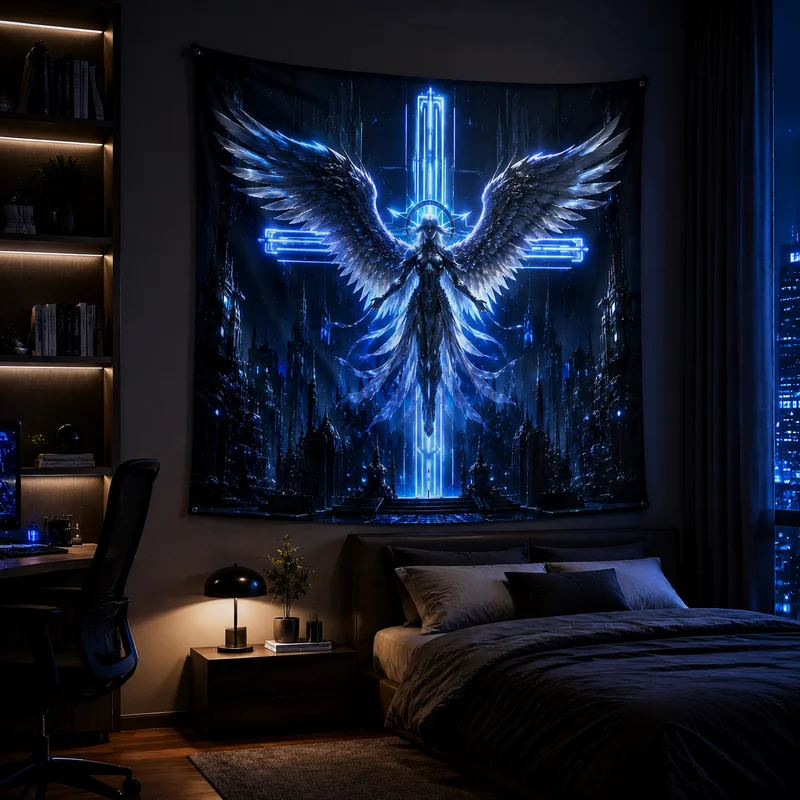 VIKAMA “Hell's Ruins Castle” Dark Angel Tapestry, “Magical Holy Sword” Gothic Warrior Wall Hanging, Halloween Wall Decorations