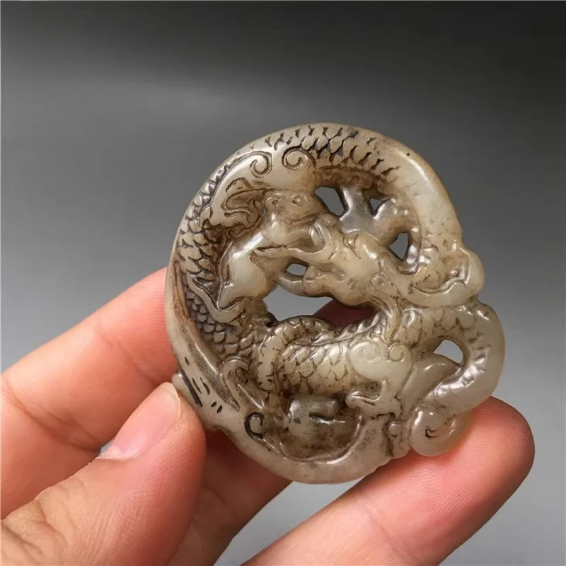 Chinese Two-sided Hollow Out Carved Dragon Mouse Xiuyu Auspicious Beast Jade Pendant