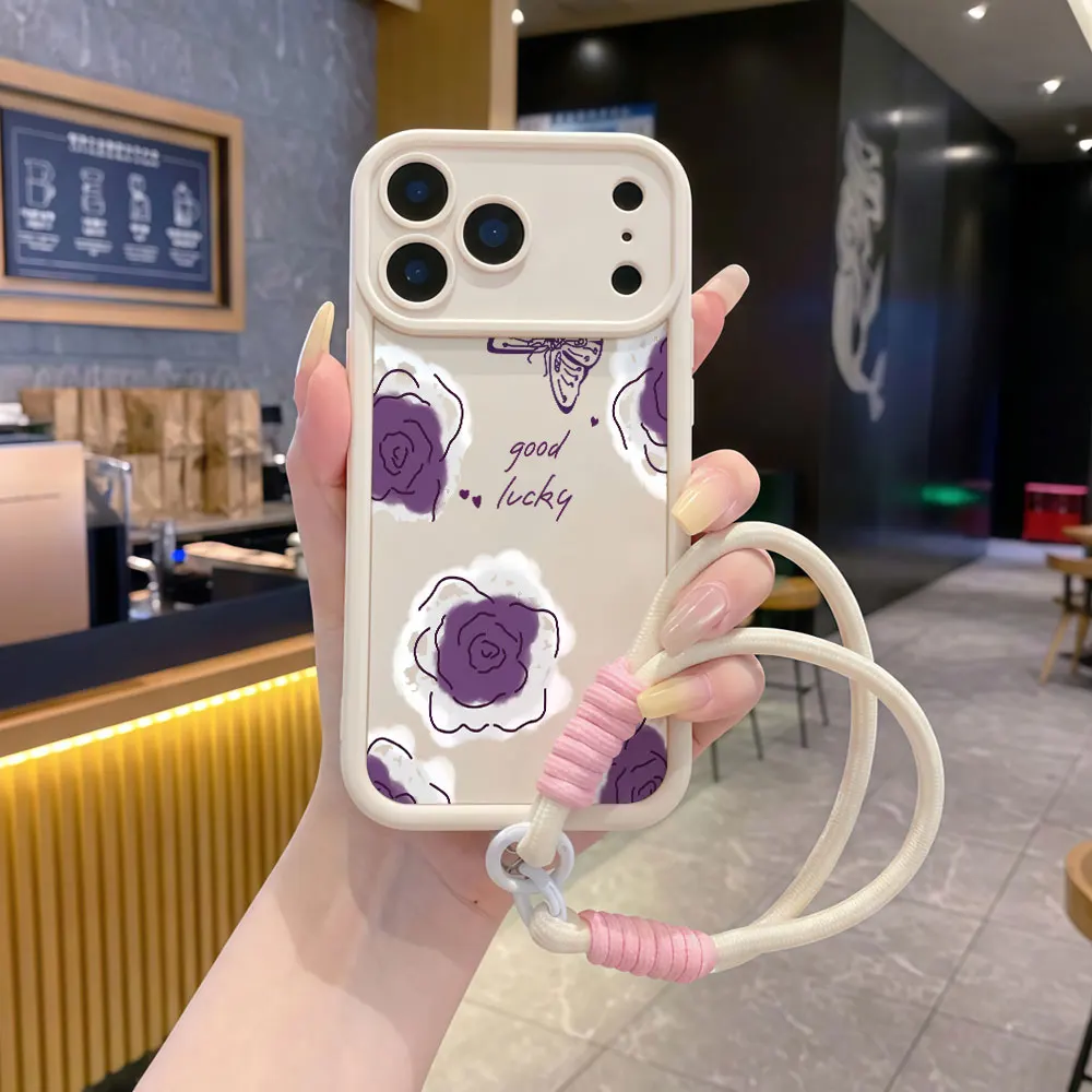 Wrist Strap Lanyard Phone Cases For Samsung Galaxy S26 S25 S24 Note 20 Ultra S23 Plus A56 A26 A36 Purple Flower Butterfly Cover