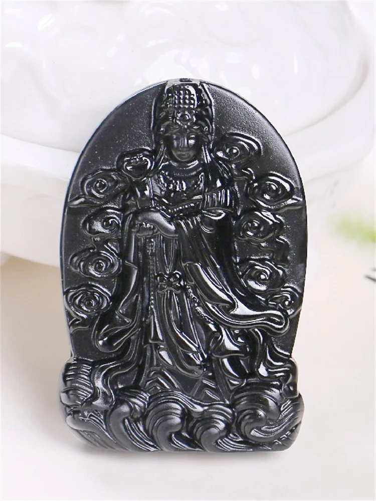 

Natural Obsidian Queen Pendant Obsidian Mazu Crystal Pendant Meizhou Mother and Female Couple NecklaceGuardian AmuletHand Strin