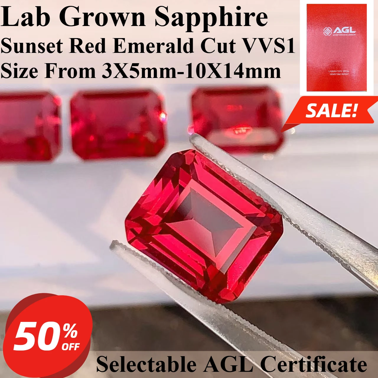 

Sunset Red Emerald Cut Lab Grown Sapphire for Jewelry Making Main Materials for Rings Pendants Necklaces Earrings Lab Created