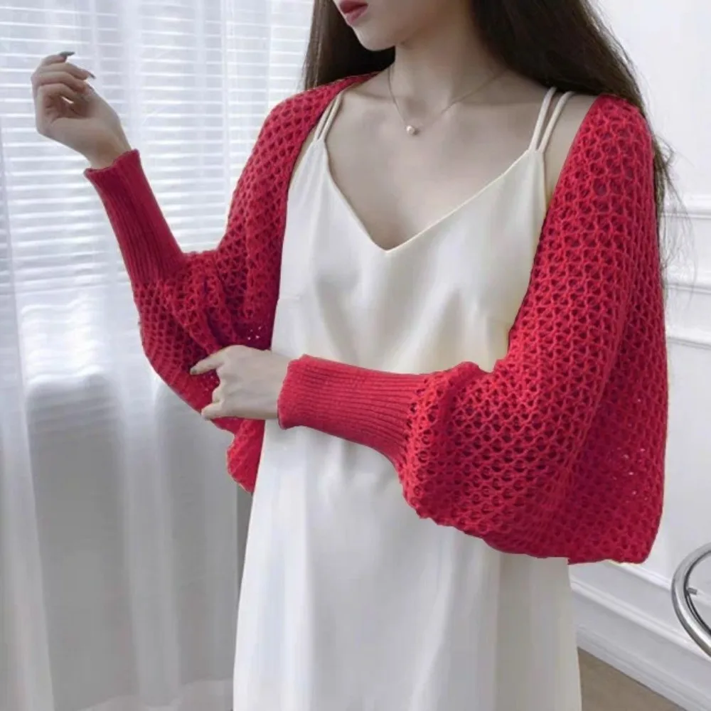 

Oversized Hollow Out Cardigan Top Solid Color Raglan Sleeve Knitted Cardigan Sun Protection Breathable Loose Cardigan Beach Wear
