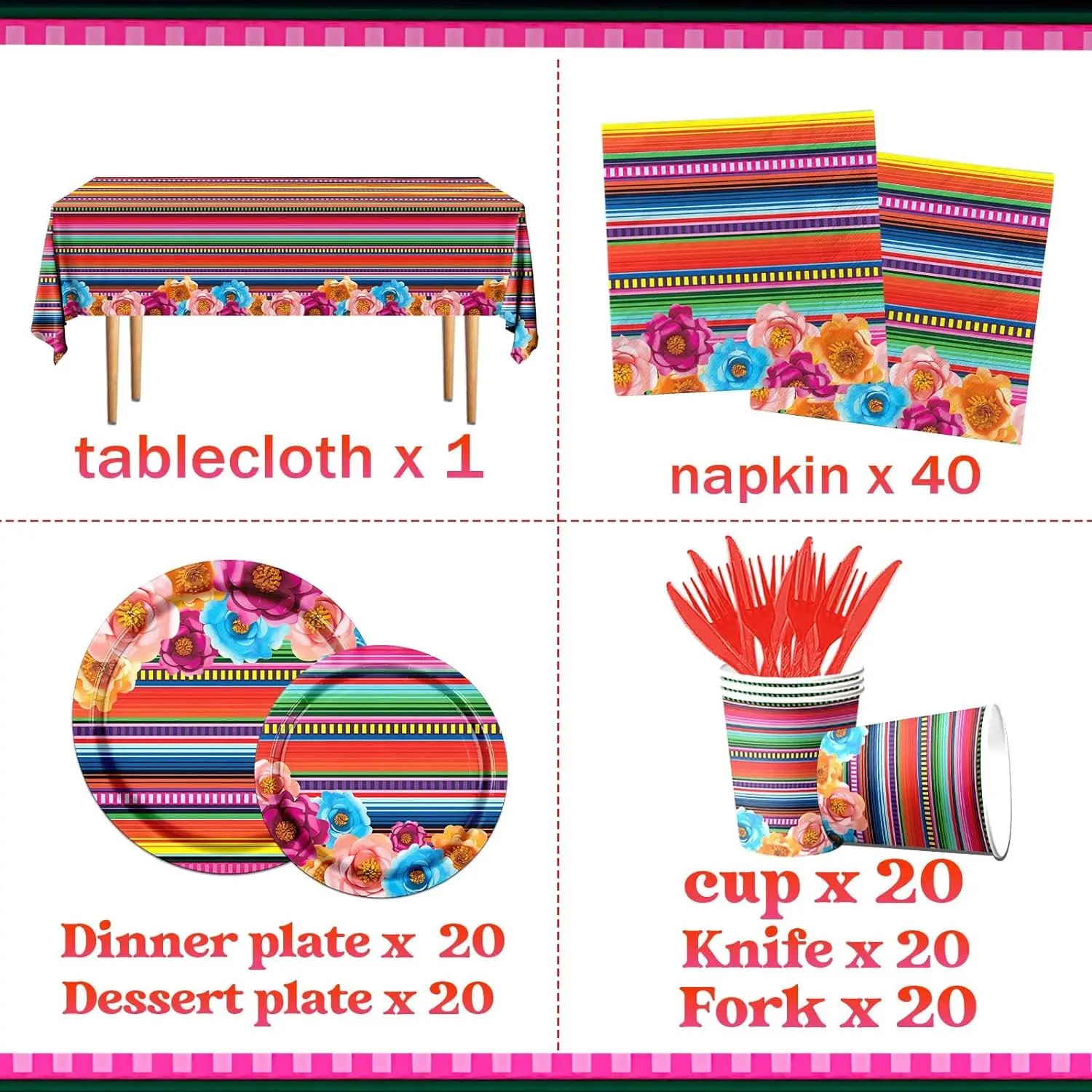 Mexican Serape Fiesta Party Supplies Set, Cinco De Mayo, Plates, Napkins, Forks, Tablecloth, Colorful Stripes, Mexico Party