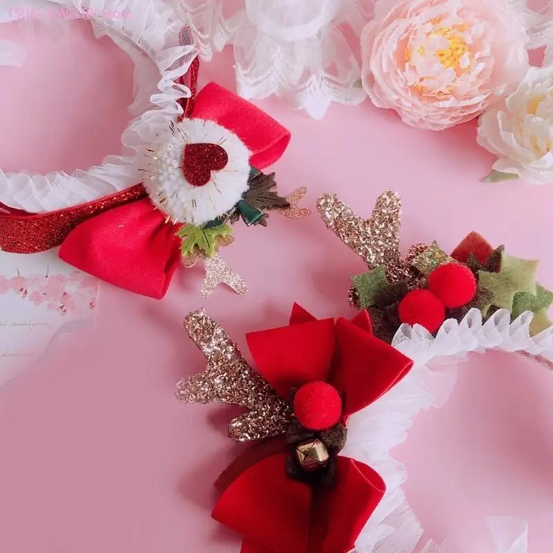 62KE Christmas Ruffle Lace Headband Anlters Hairband with Bow Xmas Fancy Dress