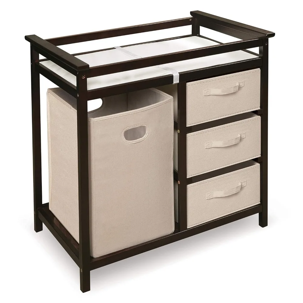 Modern Baby Changing Table with Laundry Hamper, 3 Storage Drawers and Pad, Diaper Change Station - Espresso/Ecru