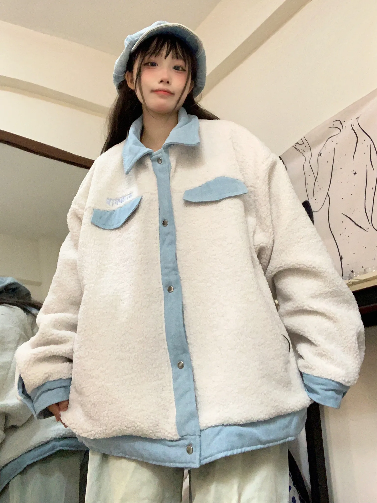 

Double Sided Wear Lamb Wool Zip Up Jacket Warm women winter plus size oversized outwear outfit coat casaco chaqueta harajuku y2k