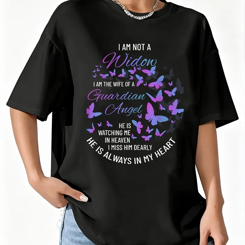Widow Shirt, Grief to Husband, Husband Is My Guardian Angel Women's T-Shirt 100% Cotton Fun Print Short Sleeve Top Casual Round Neck Tee S-5Xl
