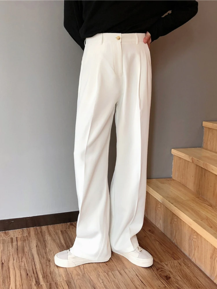 

Белые повседневные мужские широкие брюки, драпированные летние дышащие свободные прямые брюки с высокой посадкой, осенняя мода для подростков