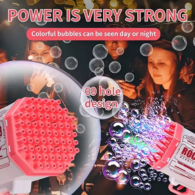 Pistola de bolhas para crianças, brinquedos, foguete, 69 buracos, bolhas de sabão, formato de arma, soprador automático com luz, pomperos, brinquedo ao ar livre, presentes, festa