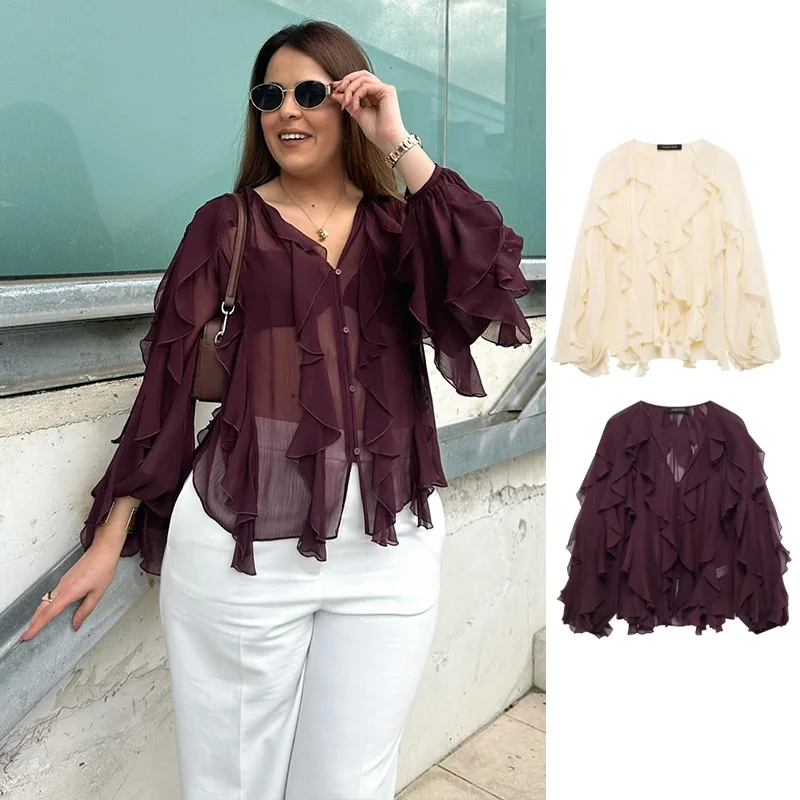 2025 Camisa de gasa con cuello en V de color Beige liso para mujer, camisa informal holgada de manga larga con un solo pecho y borde con volantes en capas