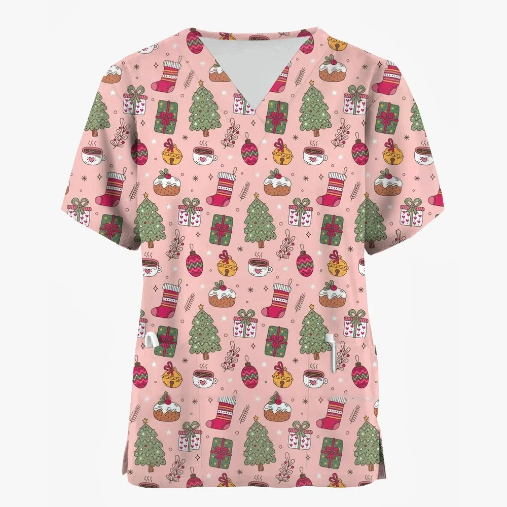 Women's short sleeved V-neck clinical gown, cartoon printed dental nurse top, men's clinical Christmas gown