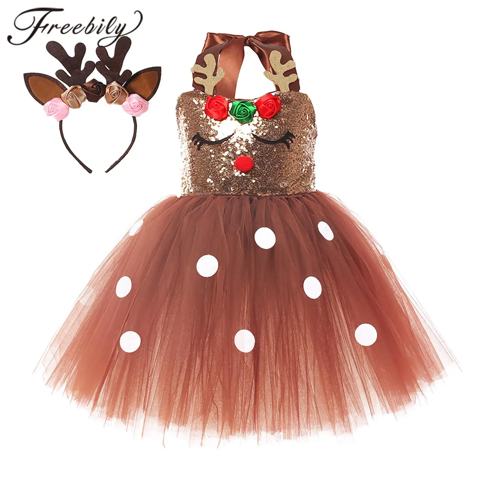 Xmas Gift Brown Sequin Deer Costumes for Girls Christmas Princess Dresses Kids Reindeer Cosplay Outfit Children New Year Clothes