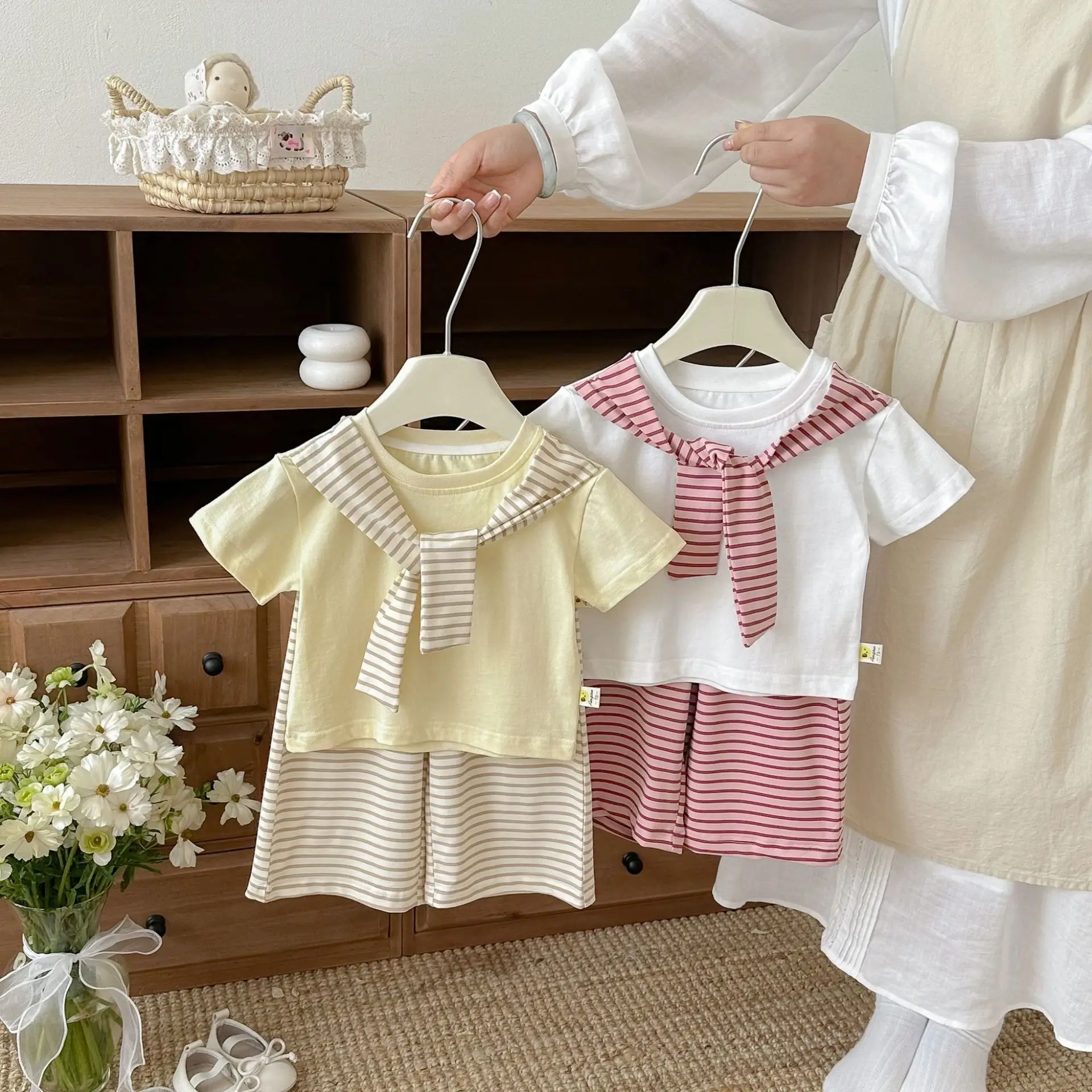 Summer Children Casual Holiday Clothes Set Boys Girls T Shirts + Striped Pants 2pcs Suit Cotton Loose Toddler Outfits  987
