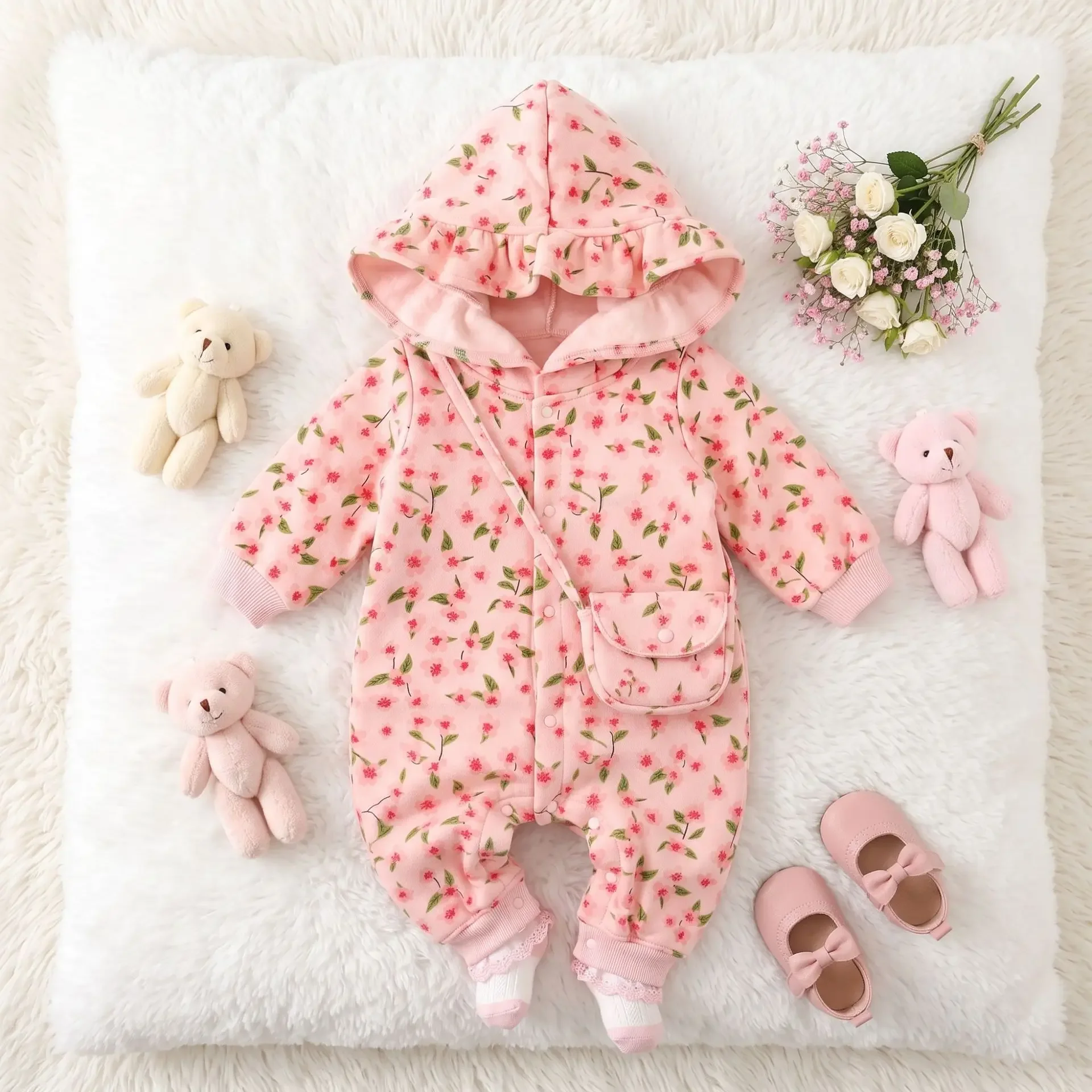 0-24M Newborn Kid Baby Girl Flower Clothes Winter Thick Warm Floral Romper Long Sleeve Hooded Jumpsuit Cotton Cute Outfit