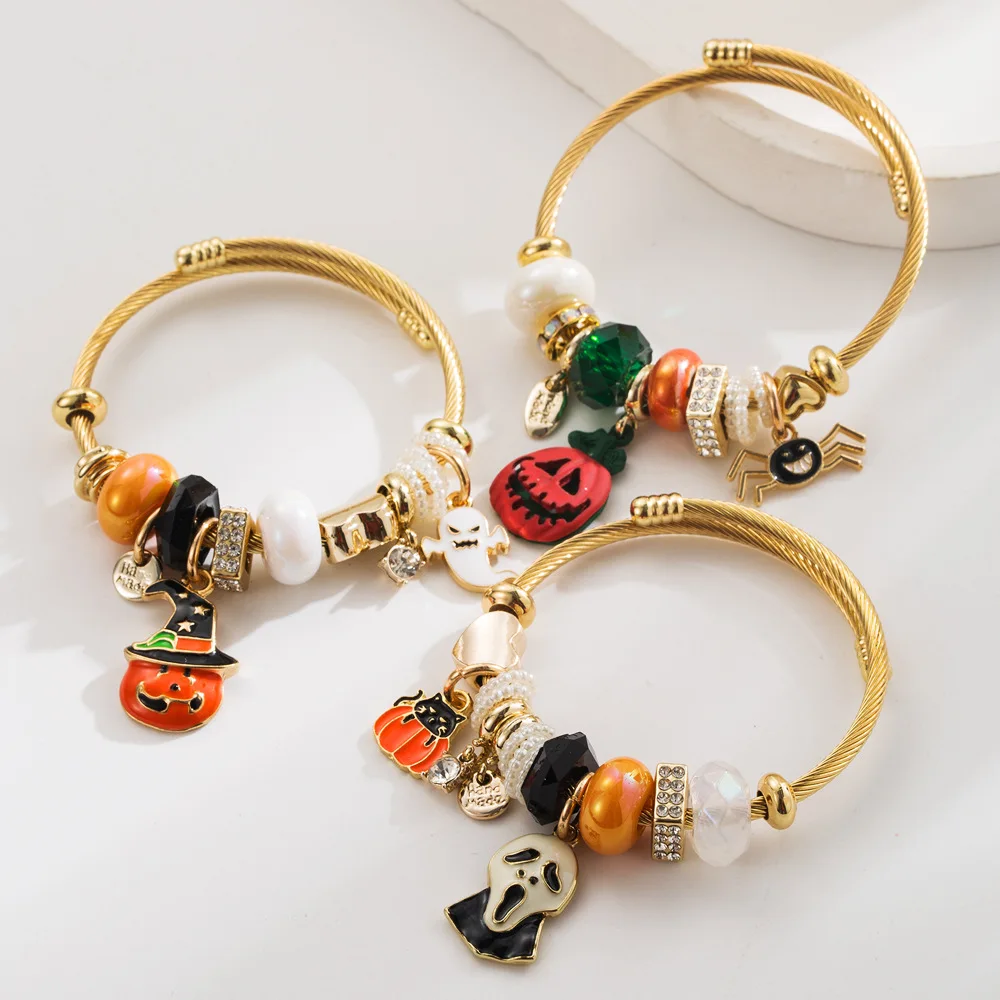 

Halloween Stainless Steel Gold Bangle Pumpkin Devil Skull Spider Pendant Women Bracelet