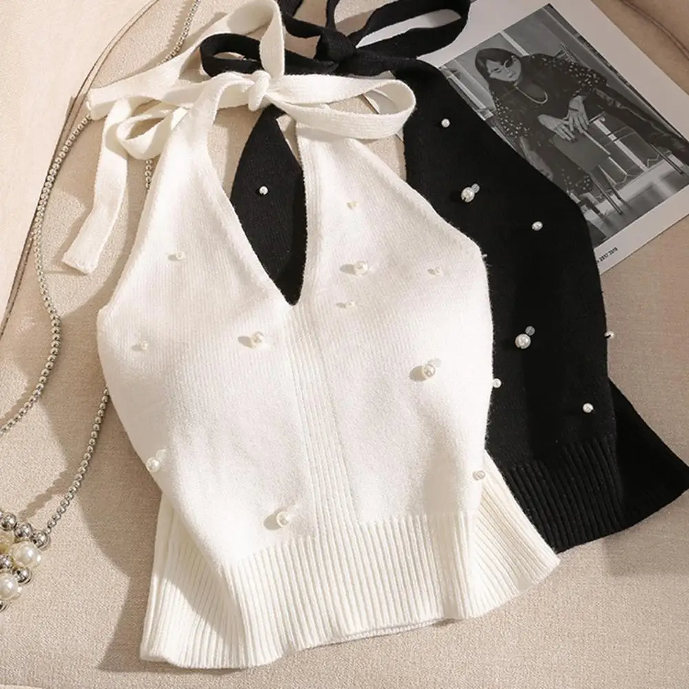 

Женские топы-халтеры: трикотажная блузка свободного кроя с бисером и искусственным жемчугом, мягкая, эластичная, однотонная