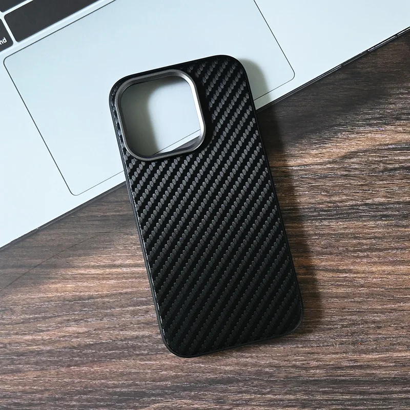 Carbon Fiber PU Leather Case For iPhone 16 Pro Max 14 15 Plus 13 Pro Max Alloy Lens Protection Business Hard PC Phone Cover