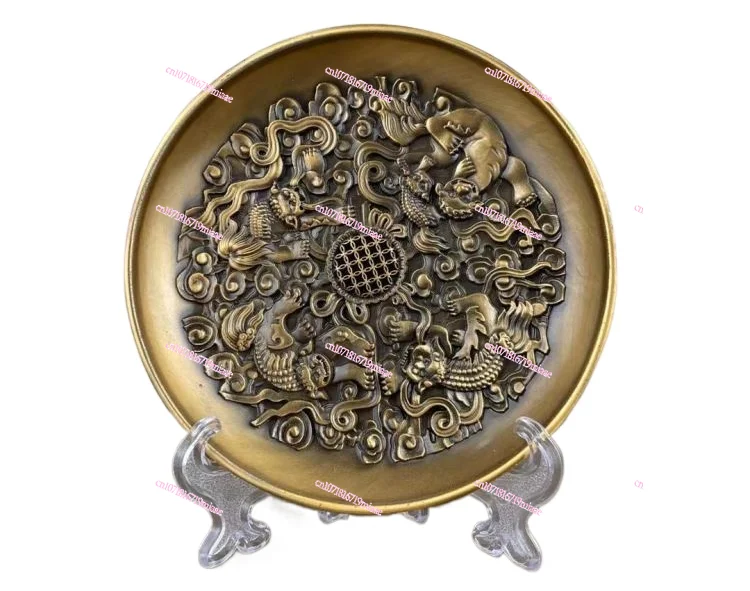 Antique Miscellaneous Collection Retro KIRIN Copper Plate Ornaments Dragon and Phoenix Plate Xiangyun Dragon Variety Plate Dish