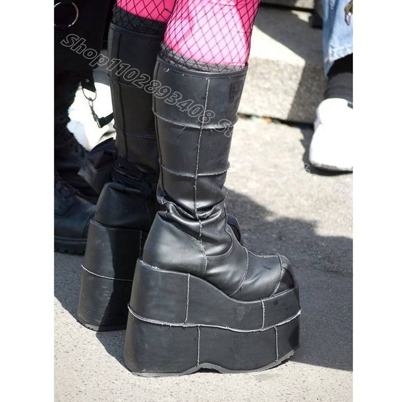 Sepatu bot kulit Wedges hitam, sepatu bot kulit hak bulat, ritsleting samping, gaya Punk, sepatu pesta kasual musim semi untuk wanita