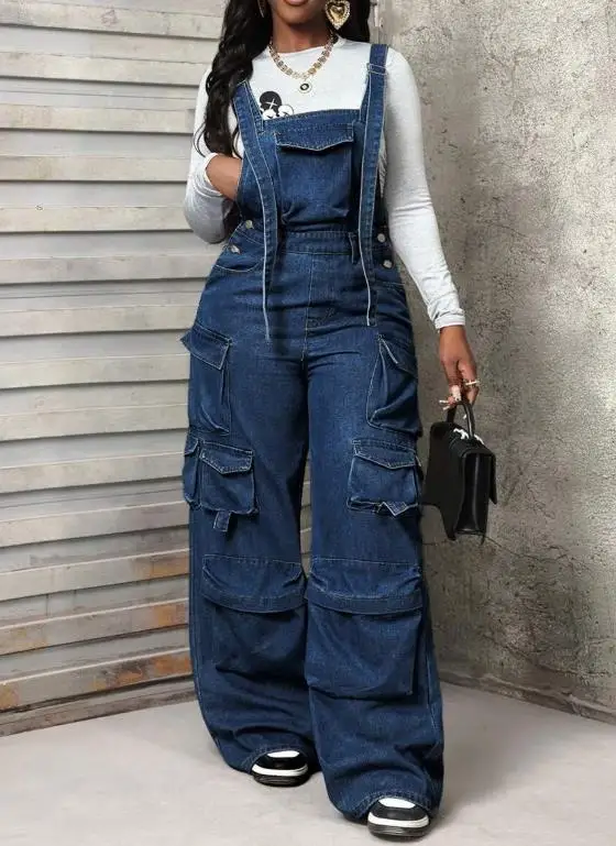 متعددة الاستخدامات واسعة الساق الدنيم وزرة فضفاضة الدنيم بذلة بذلة العمل السراويل #1