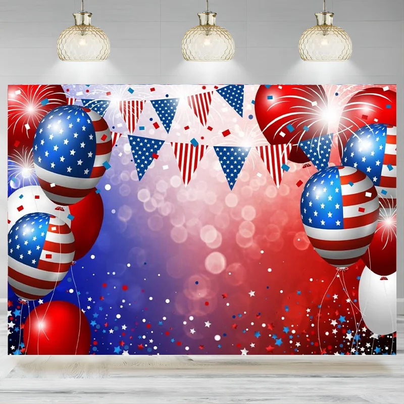 Independence Day Backdrop 4th of July Photography American Flag Background Stars Stripes Ballon Veterans Day Decor Party Banne