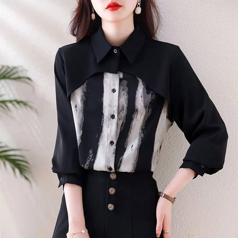 Immagine 6: Camicie lunghe polo patchwork vintage graziose da donna Primavera Estate Lady Chiffon Moda Camicetta nera 2025 Nuove magliette femminili