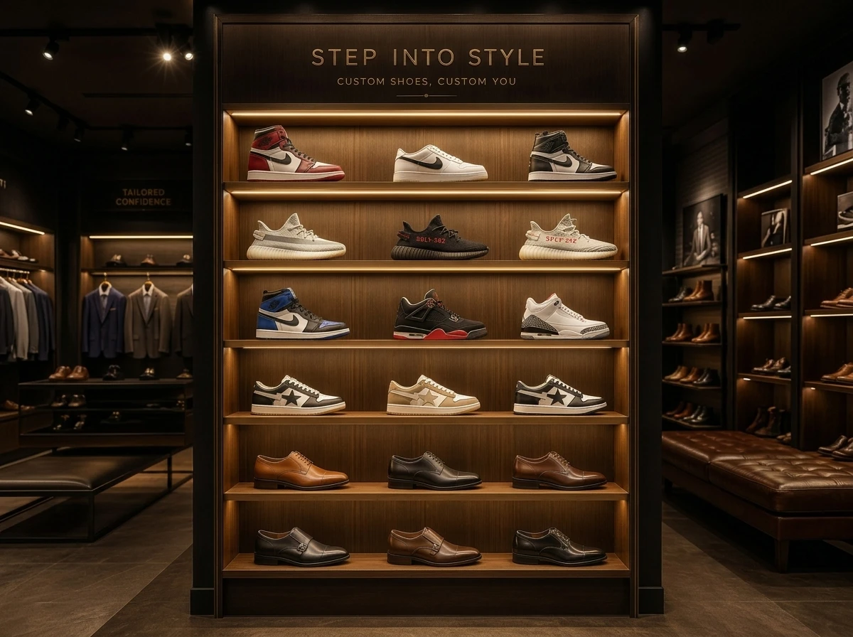 Custom LED Shoe Display Wall Rack Lighted Sneaker Shelf For Boutique Store Retail Fixture