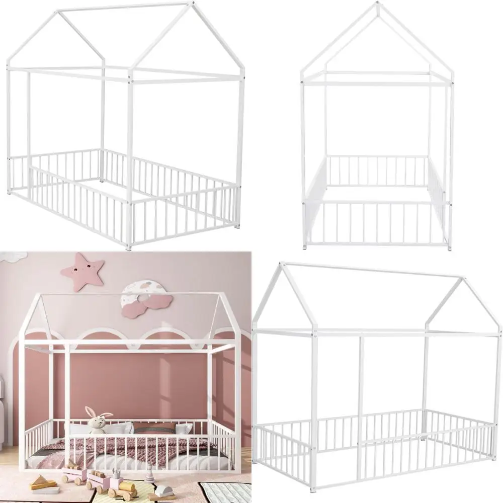 

Metal Twin Size Montessori Floor Bed with Playhouse for Kids, White