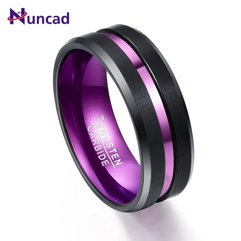 NUNCAD 8mm Width Purple Inner Ring Scrub Groove Men Rings Tungsten Carbide Anillos Para Hombres Male Fashion Jewelry Men's Ring