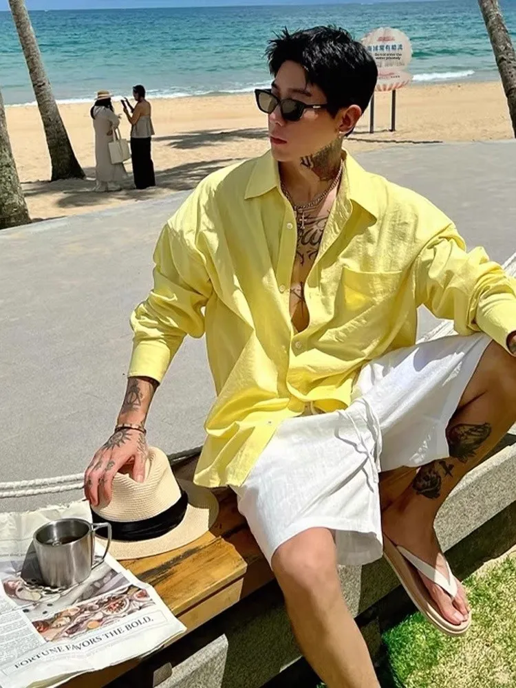 

Yellow Casual Lightweight Long Sleeve Men's Shirt Summer Outdoor Sun Protection Simple Match Korean Style Standard Fit Shirt